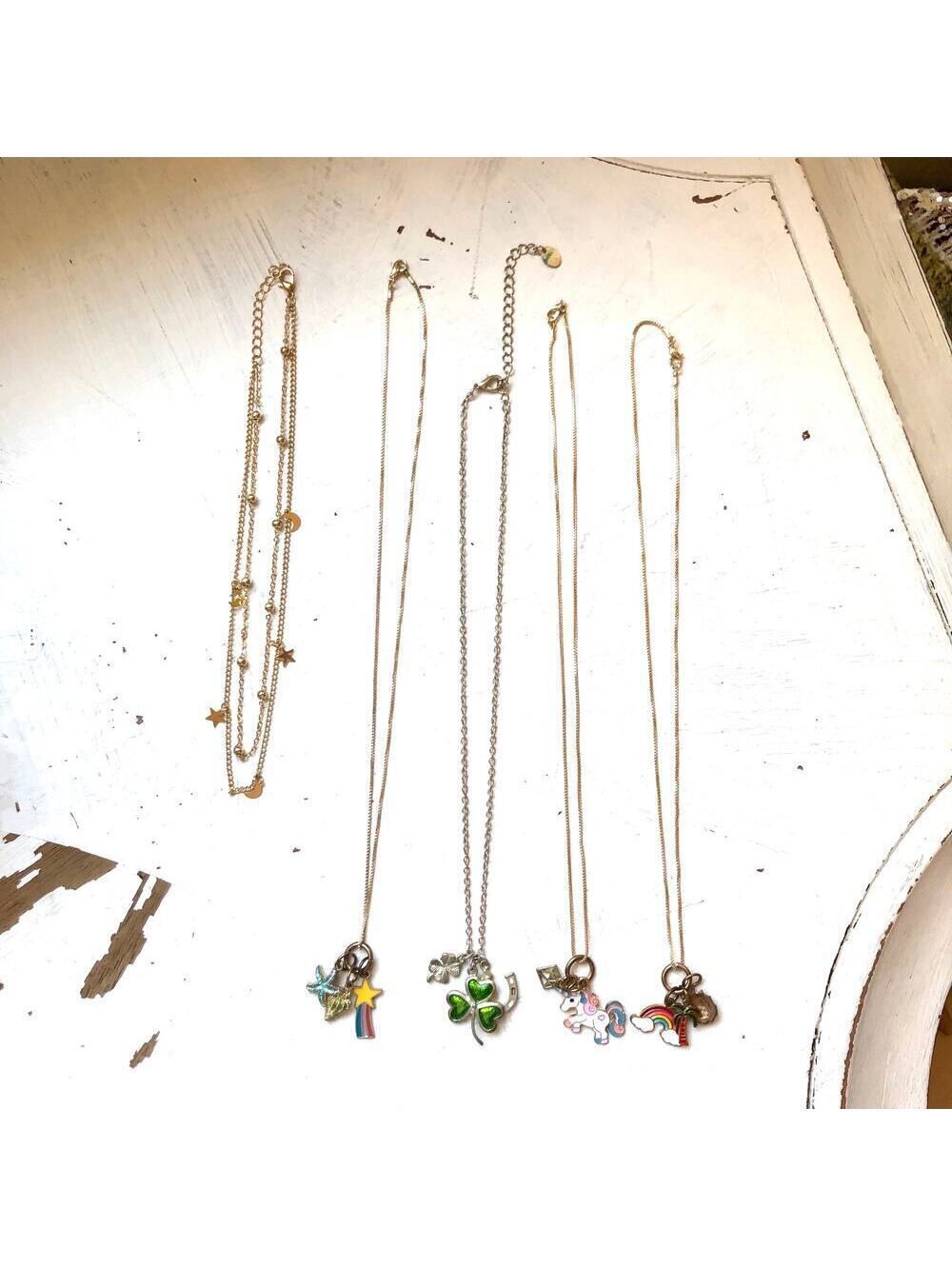 Claire's Vintage Bundle of 5 Girl's Necklaces-Unicorn, Shamrock, Stars, Rainbow